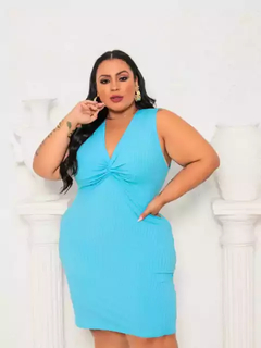 Vestido Midi Canelado Nozinho Plus Size Azul Bebê - Ímpeto Modas