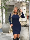 Vestido Curto Manga Longa Laço 2 Em 1 Azul Marinho