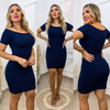 Vestido Curto Canelado Ombro a Ombro Com Manguinha Azul Marinho