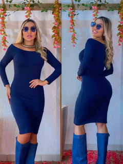 Vestido Midi Ombro a Ombro Manga Longa Azul Marinho