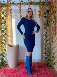 Vestido Midi Ombro a Ombro Manga Longa Azul Marinho na internet