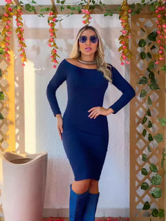 Vestido Midi Ombro a Ombro Manga Longa Azul Marinho - Ímpeto Modas