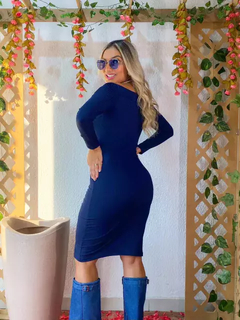 Vestido Midi Ombro a Ombro Manga Longa Azul Marinho - loja online