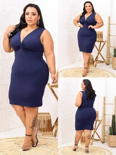 Vestido Midi Canelado Nozinho Plus Size Azul Marinho