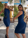 Vestido Midi Canelado Gola Alta Sem Manga Azul Petróleo