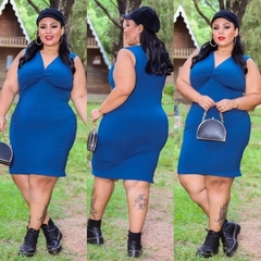 Vestido Midi Canelado Nozinho Plus Size Azul Petróleo