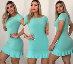 Vestido Curto Canelado Babado Embaixo Verde Água