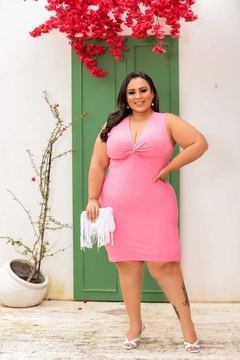 Vestido Midi Canelado Nozinho Plus Size Rosa Camélia - Ímpeto Modas