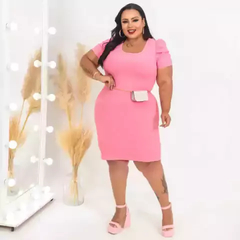 Vestido Midi Canelado Manga Bufante Plus Size Rosa Camélia - comprar online