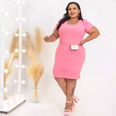 Vestido Midi Canelado Manga Bufante Plus Size Rosa Camélia na internet