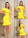 Vestido Curto Canelado Babado Embaixo Amarelo