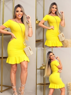 Vestido Curto Canelado Babado Embaixo Amarelo