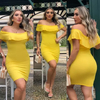 Vestido Curto Canelado Babado em Cima Amarelo