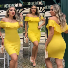 Vestido Curto Canelado Babado em Cima Amarelo