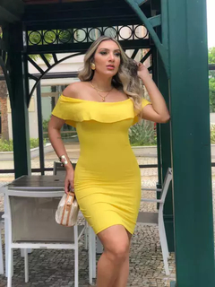 Vestido Curto Canelado Babado em Cima Amarelo - comprar online