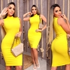 Vestido Midi Canelado Gola Alta Sem Manga Amarelo