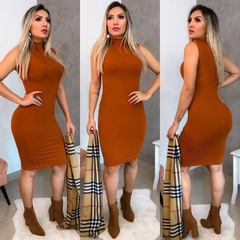 Vestido Midi Canelado Gola Alta Sem Manga Caramelo