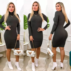 Vestido Midi Gola Alta Manga Longa Chumbo