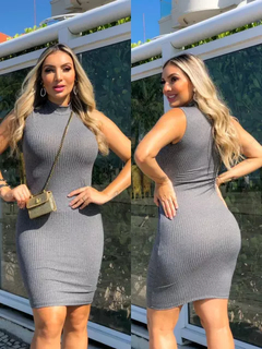 Vestido Midi Canelado Gola Alta Sem Manga Cinza - comprar online