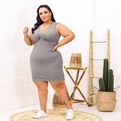 Vestido Midi Canelado Nozinho Plus Size Cinza - Ímpeto Modas