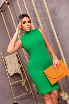 Vestido Midi Canelado Gola Alta Sem Manga Verde Esmeralda - comprar online