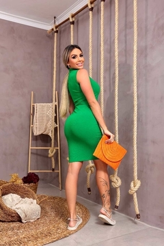 Vestido Midi Canelado Gola Alta Sem Manga Verde Esmeralda - Ímpeto Modas