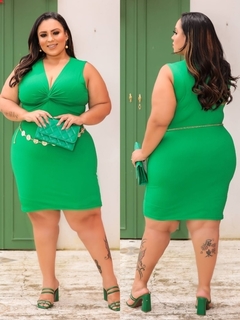 Vestido Midi Canelado Nozinho Plus Size Verde Esmeralda