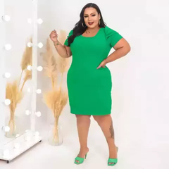 Vestido Midi Canelado Manga Bufante Plus Size Verde Esmeralda na internet