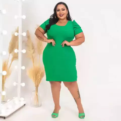 Vestido Midi Canelado Manga Bufante Plus Size Verde Esmeralda - Ímpeto Modas