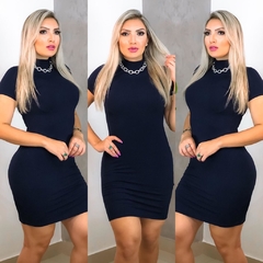 Vestido Curto Gola Alta Com Manguinha Azul Marinho