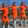 Vestido Curto Canelado Manga Bufante Laranja Neon