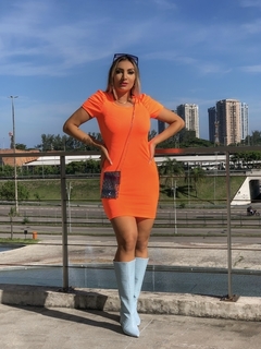 Vestido Curto Canelado Manga Bufante Laranja Neon - loja online