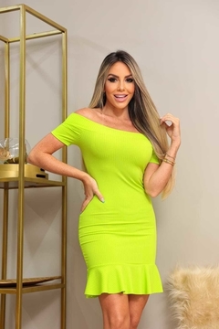 Vestido Curto Canelado Babado Embaixo Verde Limão - loja online