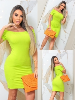 Vestido Curto Canelado Ombro a Ombro Com Manguinha Verde Limão