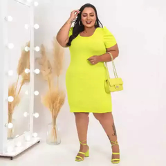 Vestido Midi Canelado Manga Bufante Plus Size Verde Limão - Ímpeto Modas