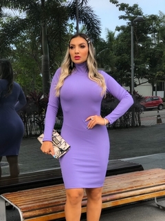 Vestido Midi Gola Alta Manga Longa Lilás - Ímpeto Modas