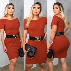 Vestido Curto Canelado Ombro a Ombro Com Manguinha Terracota