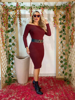 Vestido Midi Ombro a Ombro Manga Longa Marsala - comprar online