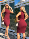 Vestido Midi Canelado Gola Alta Sem Manga Marsala