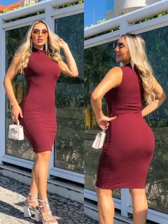 Vestido Midi Canelado Gola Alta Sem Manga Marsala