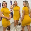 Vestido Curto Gola Alta Com Manguinha Mostarda