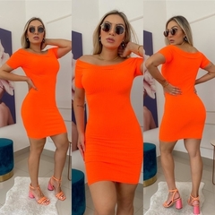 Vestido Curto Canelado Ombro a Ombro Com Manguinha Laranja Neon