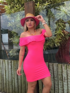 Vestido Curto Canelado Babado em Cima Pink Neon - comprar online