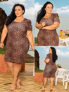 Vestido Midi Canelado Manga Bufante Plus Size Onça