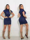 Vestido Curto Gola Alta Com Manguinha Pied De Poule Azul Bic