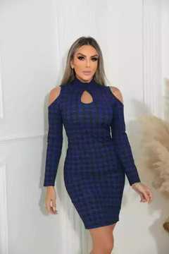 Vestido Curto Decote Gota Manga Longa Ombro Vazado Pied De Poule Preto Com Azul - loja online