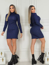 Vestido Midi Gola Alta Manga Longa Pied De Poule Preto Com Azul