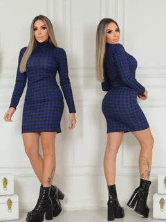 Vestido Midi Gola Alta Manga Longa Pied De Poule Preto Com Azul