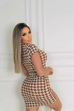 Vestido Curto Gola Alta Com Manguinha Pied De Poule Branco Com Caramelo - loja online