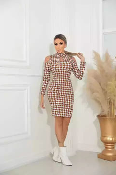 Vestido Curto Decote Gota Manga Longa Ombro Vazado Pied De Poule Branco Com Caramelo - loja online